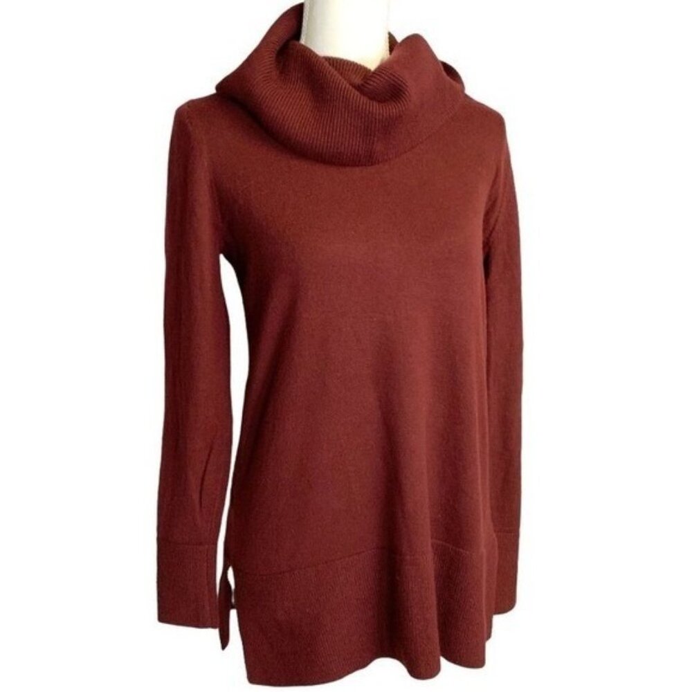 LOFT Women's Cowl Neck Long‎ Sleeve Pullover Deep Red Maroon Knit Sweater Small - Picture 2 of 5